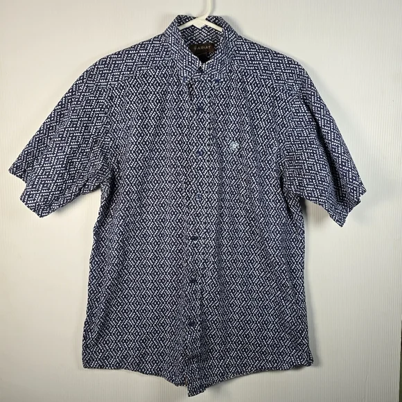 Ariat Men's Short Sleeve Navy & Light Blue Geometric Button Up Shirt Collar Med