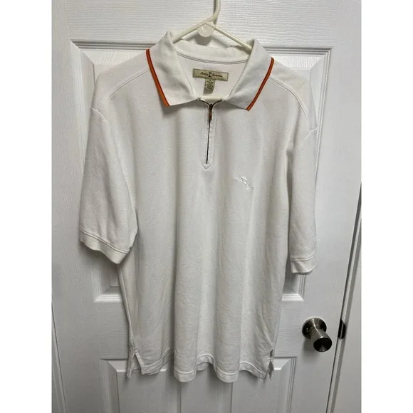 Tommy Bahama Polo Shirt XL‎ White 1/4 Zip Short Sleeve Pima Cotton Casual