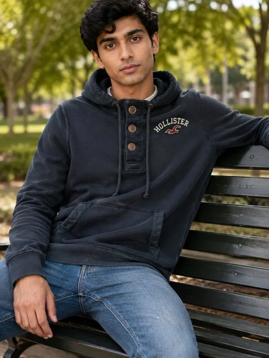 Hollister Navy Button-Neck Hoodie Y2K Oversized Small
