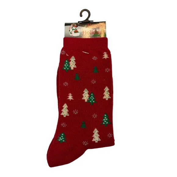 Happy Holiday Socks Red Christmas Tree Snowflake Festive Knit Crew Women OS 4-10