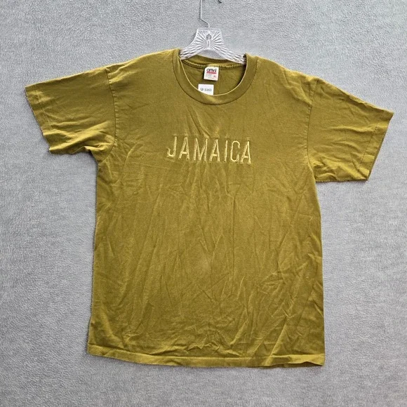 VINTAGE Jamaica Men Shirt XL Green Embroidered Crew Neck Single Stitch Tee READ