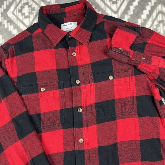 Old Navy Flannel‎ Shirt Mens M Red Buffalo Plaid 100% Cotton Classic Lumberjack