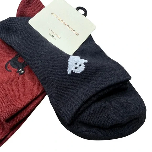 Anthropologie Halloween Socks Women OS Black Burgundy Ghost Cat 2-Pack Spooky