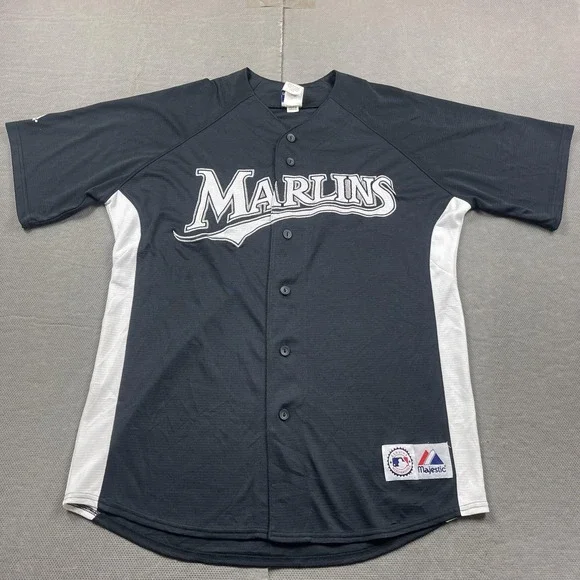 Florida Marlins Jersey Mens Large Black MLB Baseball Majestic Button Front‎