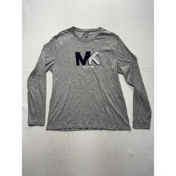 Michael Kors Shirt Mens Large Gray MK Logo Graphic Long Sleeve Crewneck Tee