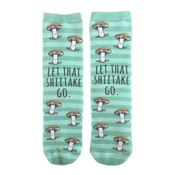 Let That Shitake Go Socks Mushroom Novelty Unisex Pun‎ Green Stripe One Size NWT