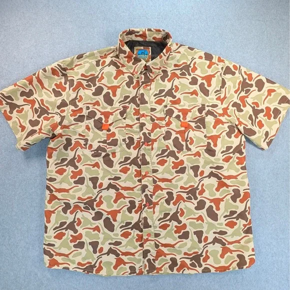Amigo Provisions Co Mens XXL Camo Texas Longhorn Short Sleeve Fishing Shirt Camo