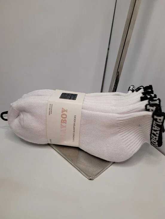 👉✨️PLAYBOY White Cushioned Quarter 5 Pair  Athletic Socks with Black Logo Trim