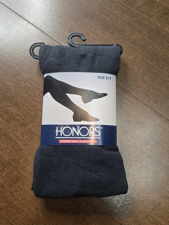 Vintage New Honors Black Cotton Footed Tights Size E/F Made in USA