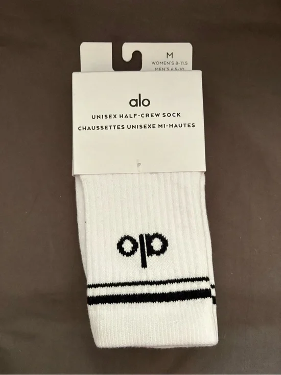 ALO Yoga White Half-Crew Athletic Socks with Black Stripes
