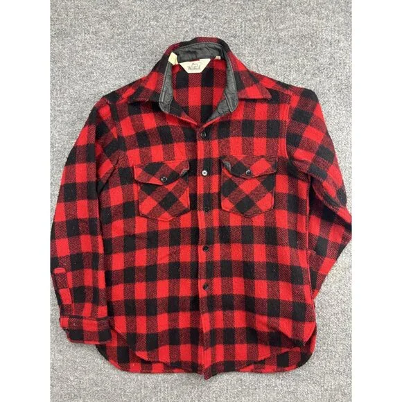 Vintage Woolrich Shirt Mens Medium Red Black Plaid Wool Flannel Button Front 80s