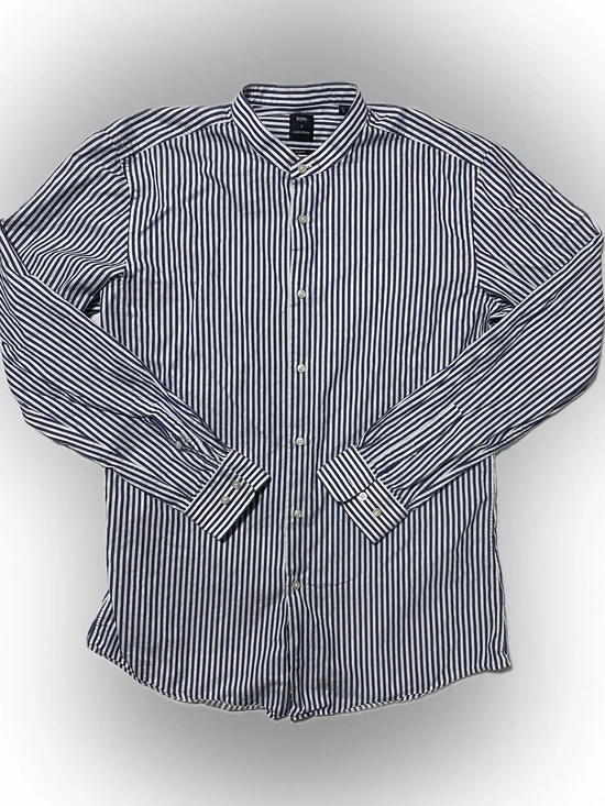 Hugo Boss Navy & White Striped Stand-Collar Dress Shirt
