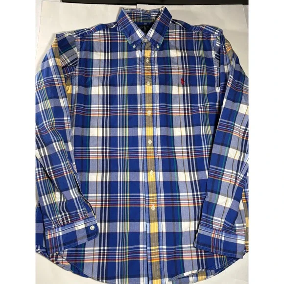 Polo Ralph Lauren Plaid Button Down Shirt Mens Large Custom Fit Blue‎ Yellow