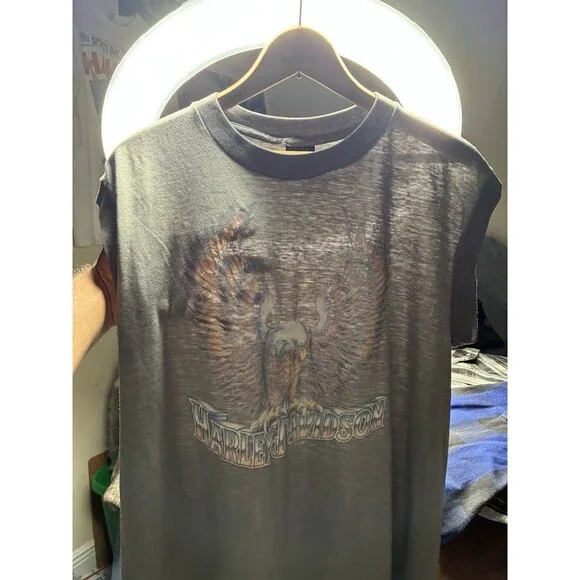 Vintage 3D Emblem Harley Davidson Steve McDonald Eagle Art T Shirt Thin Burnout