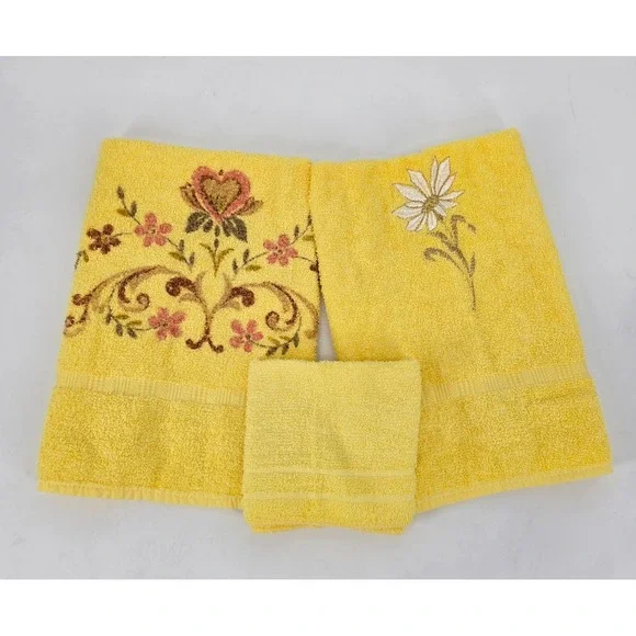 Vintage Cannon Yellow Towel Set 3pc Embroidered Floral Cottage Granny Chic