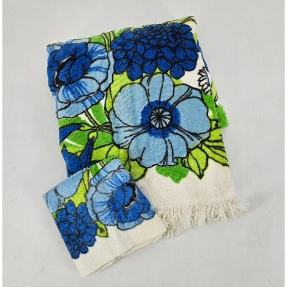 Vintage Cannon Floral Bath Towel Washcloth Set Blue Green Mod 60s 70s USA