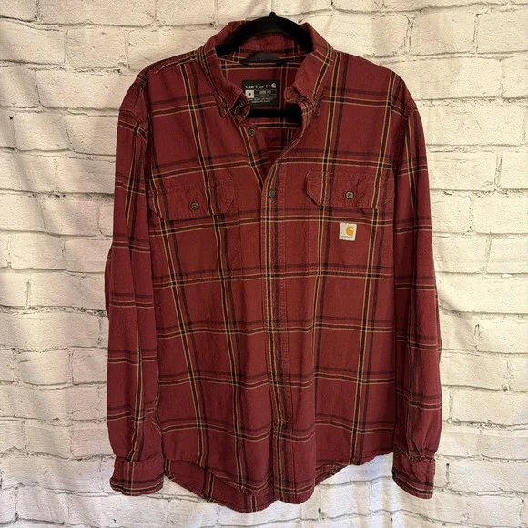Carhartt Shirt Mens M Red Plaid Button Front‎ Long Sleeve Workwear