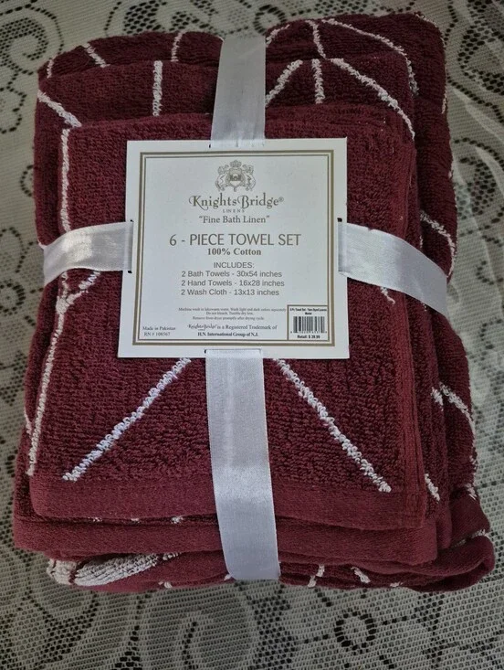 KnightsBridge Burgundy Cotton 6-Piece Towel Set