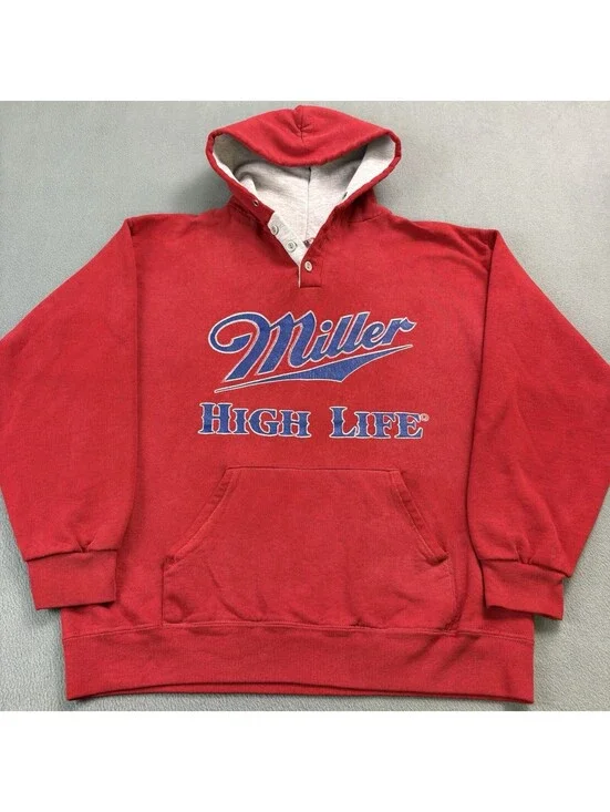 Vintage 80s Miller High Life Beer Henley Pullover Hoodie Size XL (Fits Smaller)