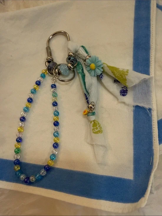Decorative Blue & Yellow Beaded Keychain with Floral Charm bag charm