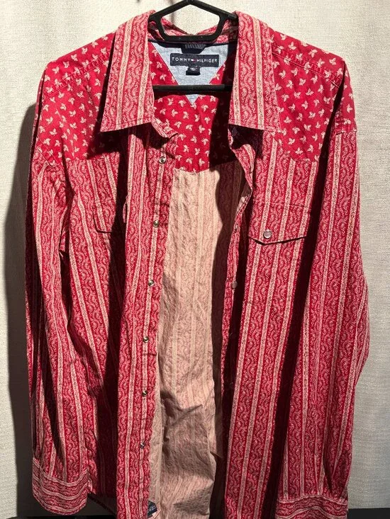 Tommy Hilfiger Western Pearl Snap Shirt Mens XL Red Paisley Stripe