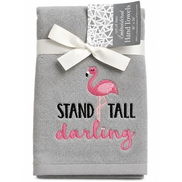 Flamingo Hand Towels Set of 2 Stand Tall Darling Embroidered Gray Pink Bathroom