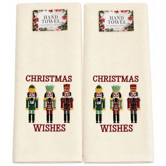 Christmas Nutcracker Hand Towels Set of 2 Embroidered Christmas Wishes Ivory
