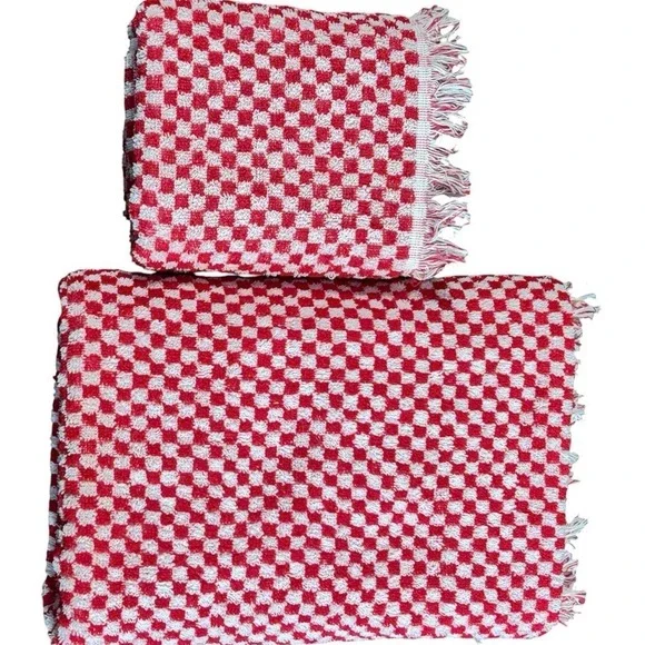Fieldcrest Vintage MCM Red White Gingham Bath Hand Towel Set 100% Cotton USA