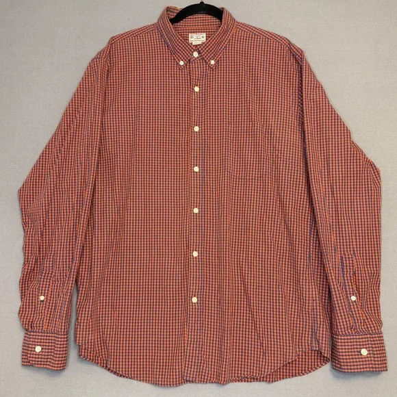 J.Crew Mens XL Orange Navy Blue Gingham Check Cotton Button Down Shirt LS