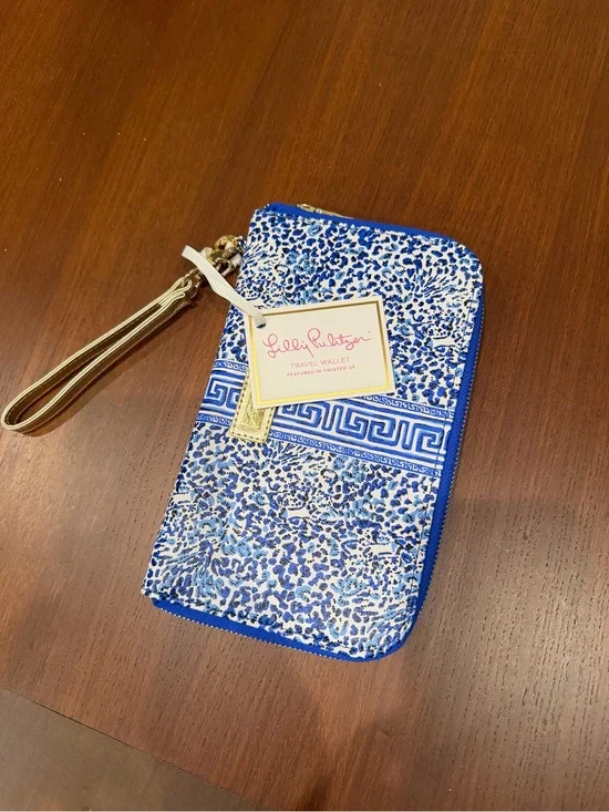 Lilly Pulitzer Blue and White Printed Travel Wallet Wristlet with Gold Strap