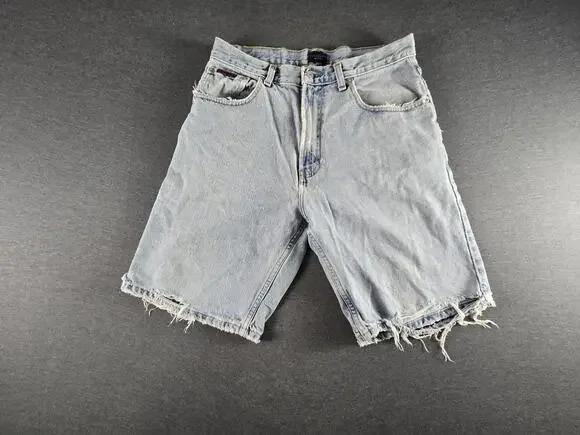 Vintage 90s Tommy Hilfiger Shorts Mens 33 Blue Denim Distressed Cutoff Jorts