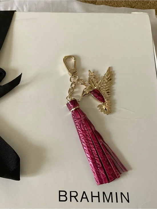 Beautiful Brahmin Magenta Tassel Keychain with Gold Hummingbird Charm