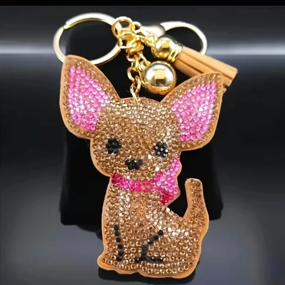 🌺Chihuahua Bag Charm Keychain Rhinestone Pink Accessories