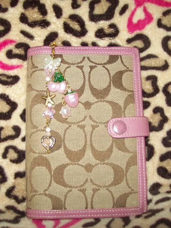 Coach Beige Signature Card Holder with Pink Trim and Charm Dangle