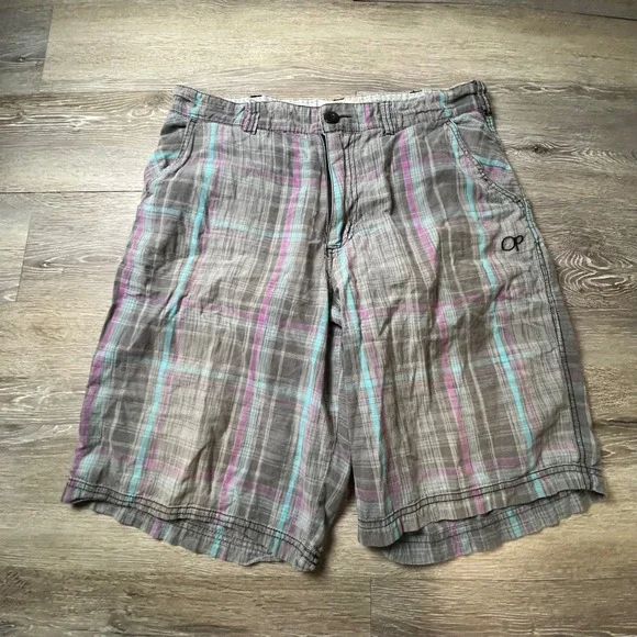 OP Plaid Shorts Mens 34 Grey Teal Purple Cotton Surf Skate Casual Board Shorts