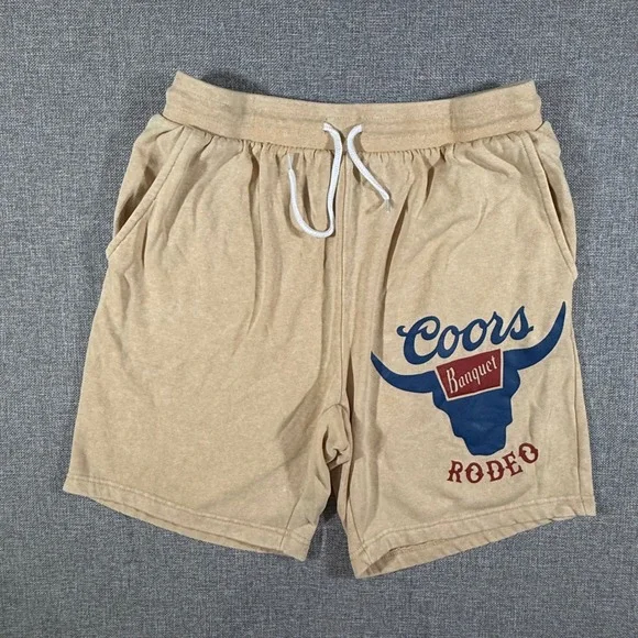 Coors Banquet Rodeo Graphic Sweat Shorts Men Small Tan Western Cowboy Americana
