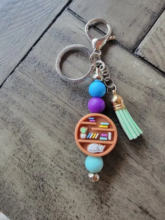 Handmade Book Lover Silicone Beaded Keychain Purse Charm Cat Lover Gift