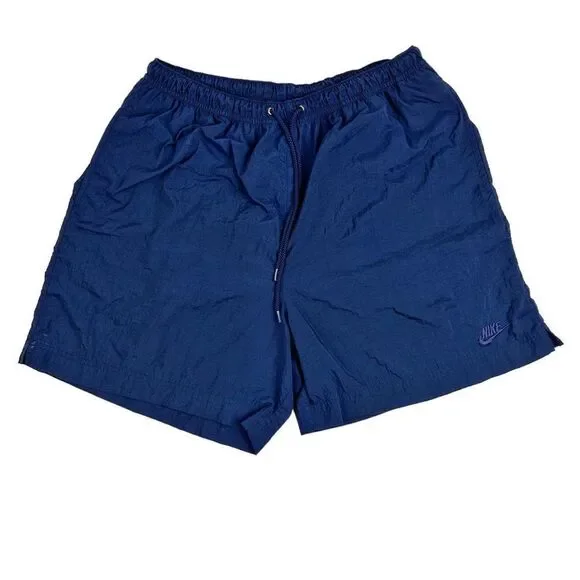 Vintage 90s Nike Men’s Large Nylon Spell Out Swoosh Shorts Navy Blue