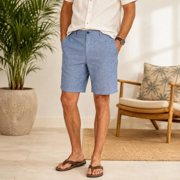 Tommy Bahama Mens 36 Blue Linen Blend Chambray Shorts Flat Front Resort Casual