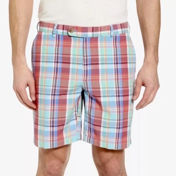 Peter Millar Seaside Collection Plaid Shorts Mens Size 36 Pink Blue Linen Blend
