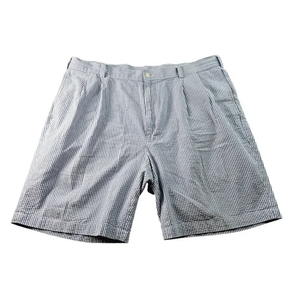 Jos. A. Bank Stays Cool Chino Shorts Men 40 White Blue Stripe Seersucker Pleated