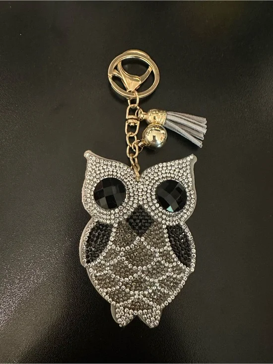 Sparkle Owl Crystal Keychain - Silver and Black (crystals on both sides)
