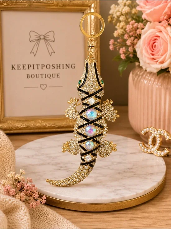 Crystal Embellished Gold & Black Lizard Keychain