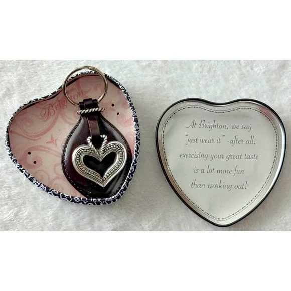 Brighton‎ Barse Silver Heart Black Leather Key Ring Fob in Brighton Heart Tin