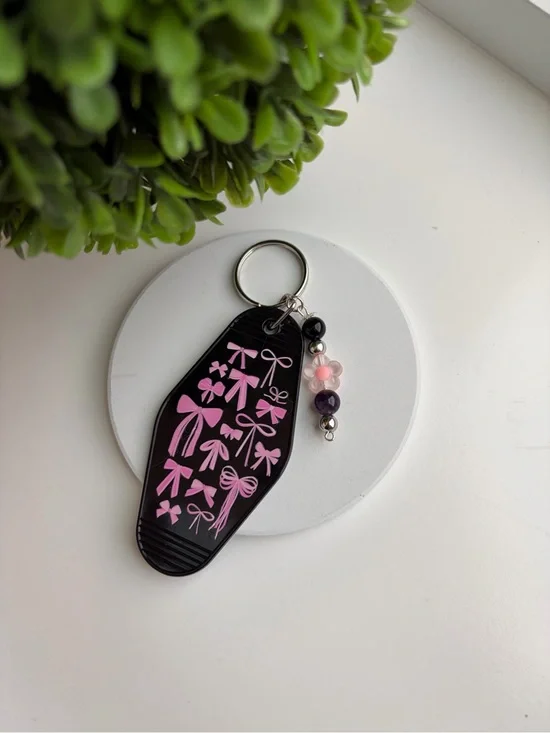 Black Key & Card Holder Keychain with Pink Bow Motif