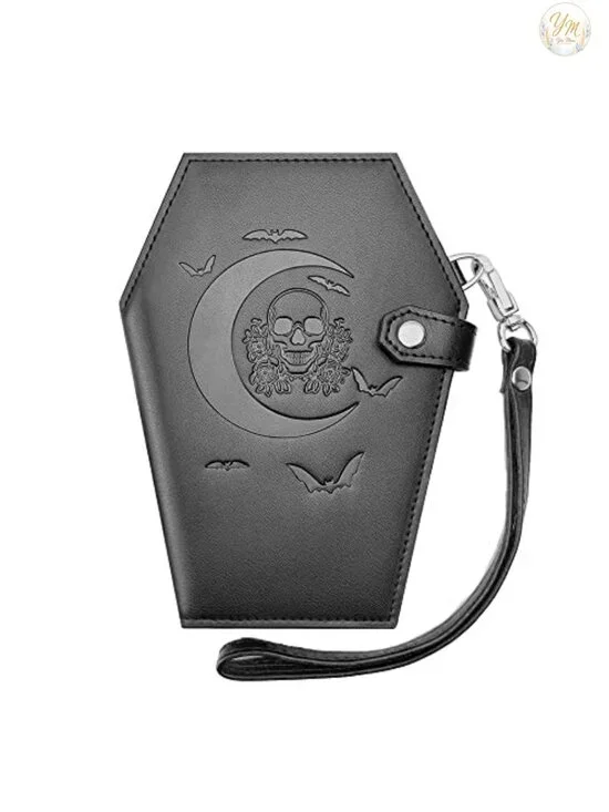 Gothic Coffin Wallet with Skulls and Moon - Vegan Leather Witch Purse with