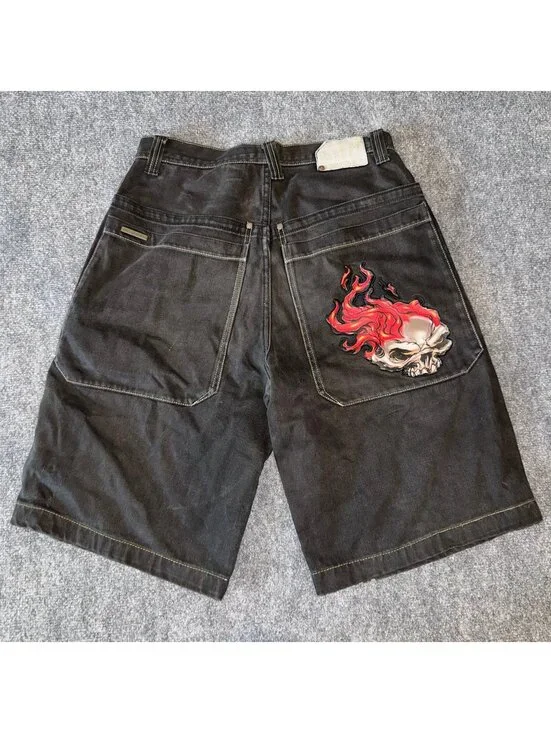 Grail JNCO Black Flaming Skull Denim Jorts Mens MD Vtg y2k 90s Rare Baggy Grunge