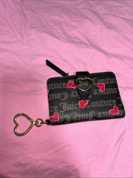 Juicy Couture Black Wallet with Pink Heart Print & Gold Heart Keyring