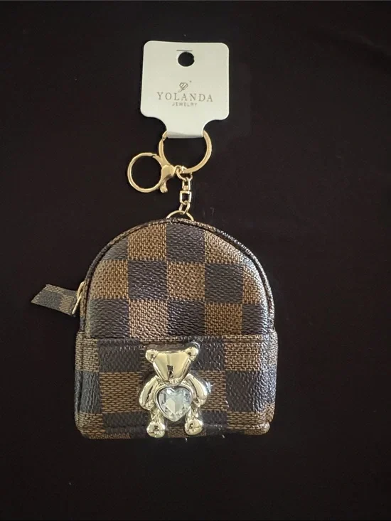 Cute Fashion Brown Checkered Mini Backpack Keychain Bag Charm with Gold Bear
