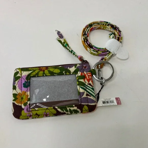 Womens Vera Bradley Zip ID Lanyard Evening Garden Pattern NWT Purple‎ Cream